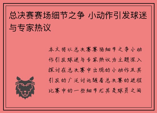 总决赛赛场细节之争 小动作引发球迷与专家热议