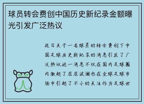 球员转会费创中国历史新纪录金额曝光引发广泛热议
